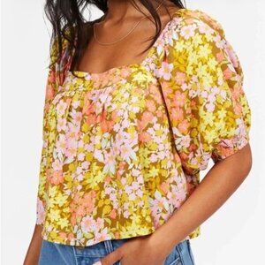 BILLABONG 🌼 Beach Daze Puff Sleeve Crop Top Floral Juniors Small Retro Boho